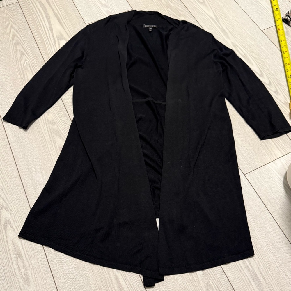 Eileen Fisher small silk cardigan black sweater long sleeve knit lounge classic